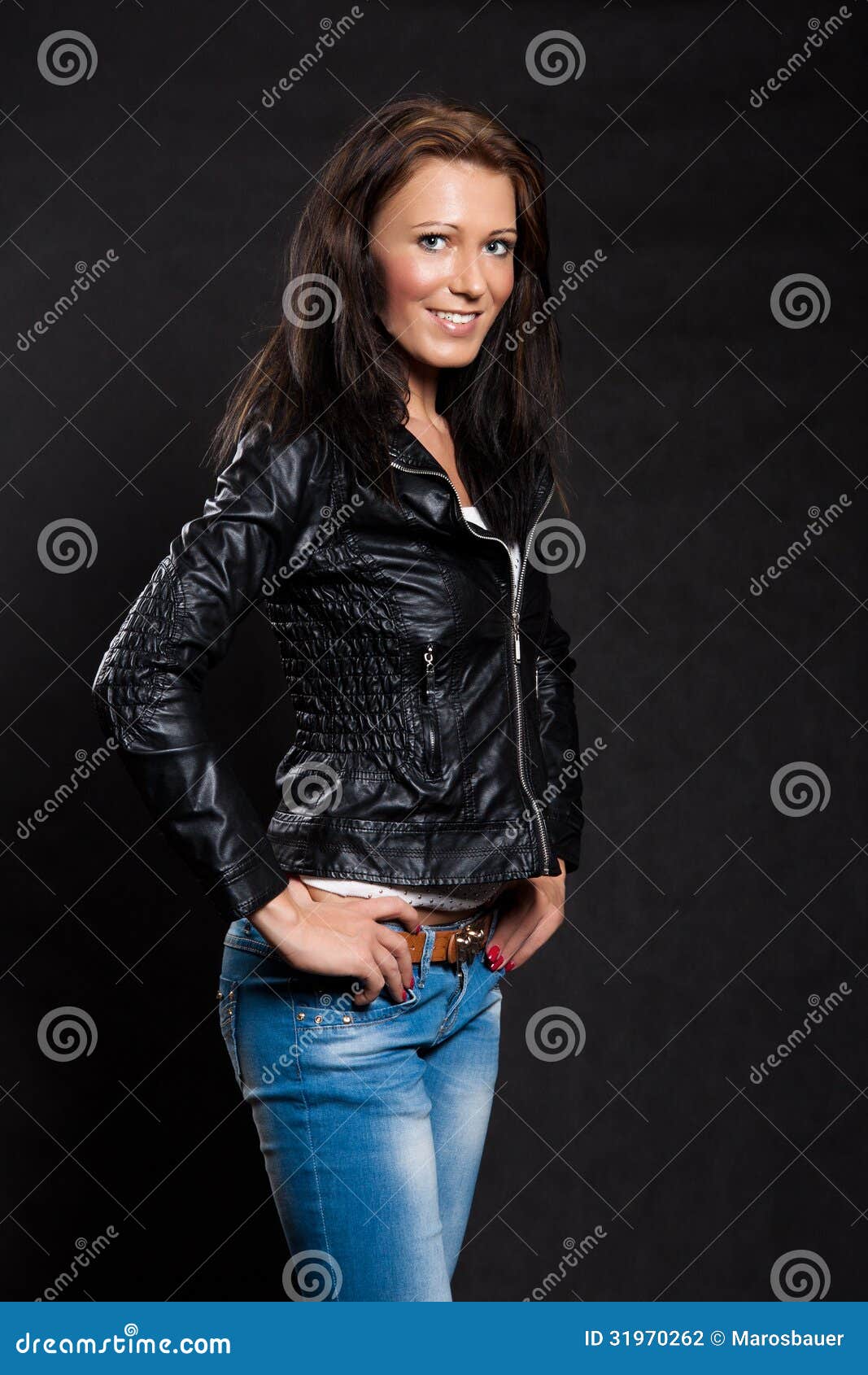 Long-haired Woman In A Leather Jacket Stock Photography 