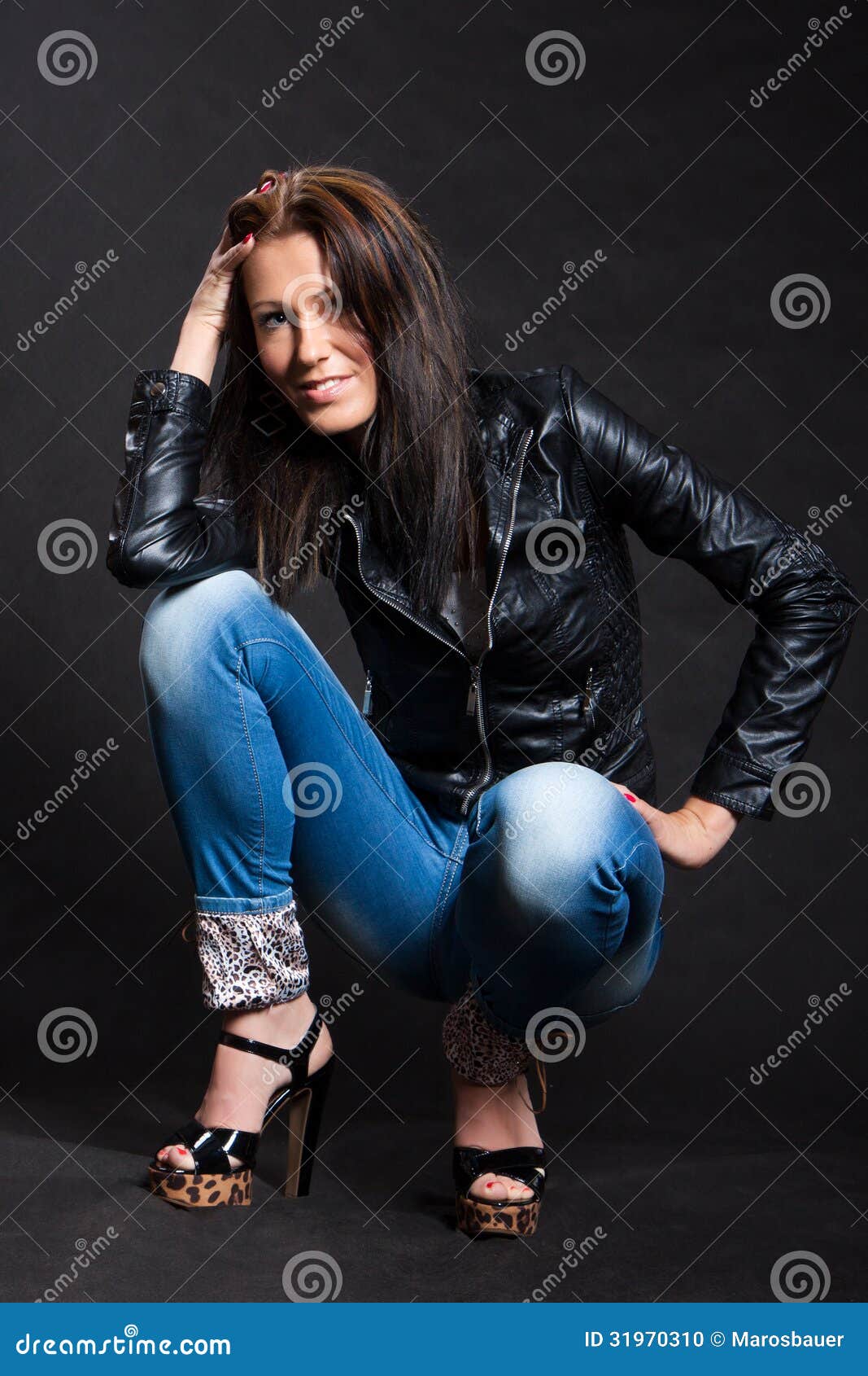 Long-haired Woman In A Leather Jacket Stock Photo - Image: 31970310