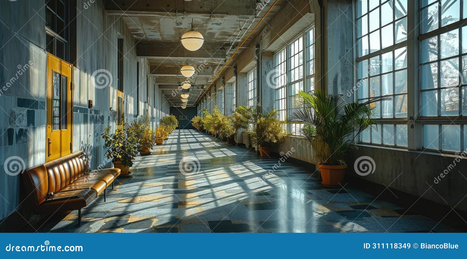 the long hallway inside the hospital with a tree and the bench on floor. aigx03.