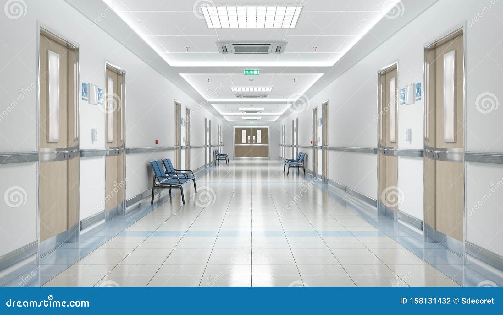 long hospital bright corridor with rooms and seats 3d rendering