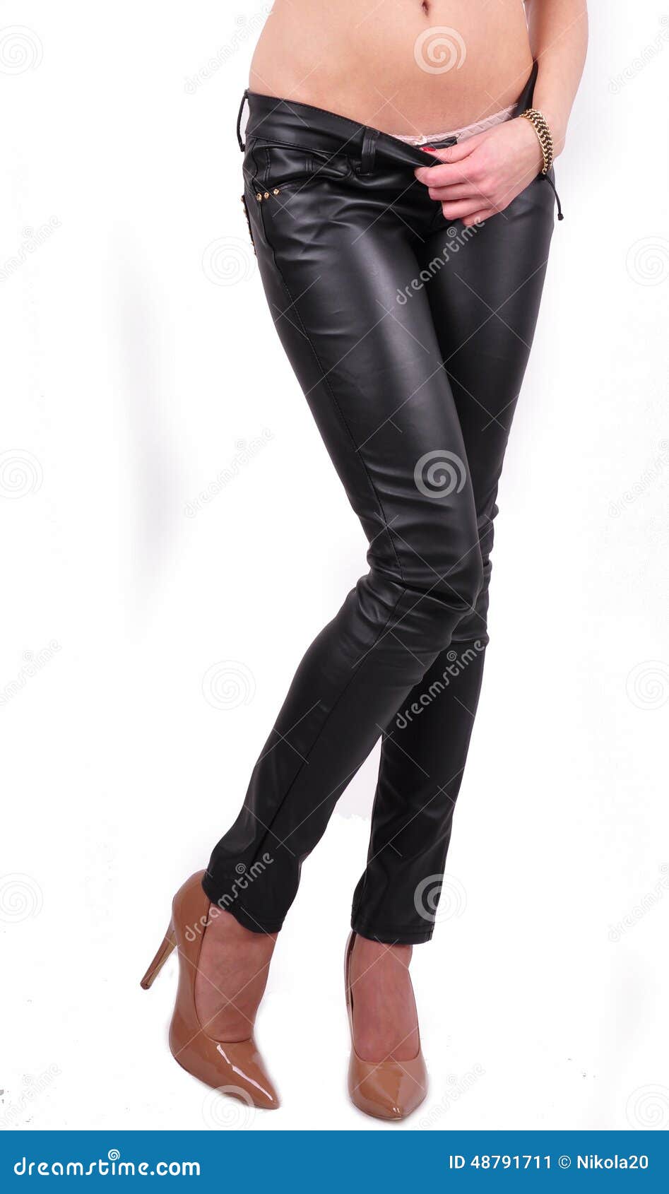 Long Legs in Skinny Leather Pants and High Heel Stock Image - Image of ...