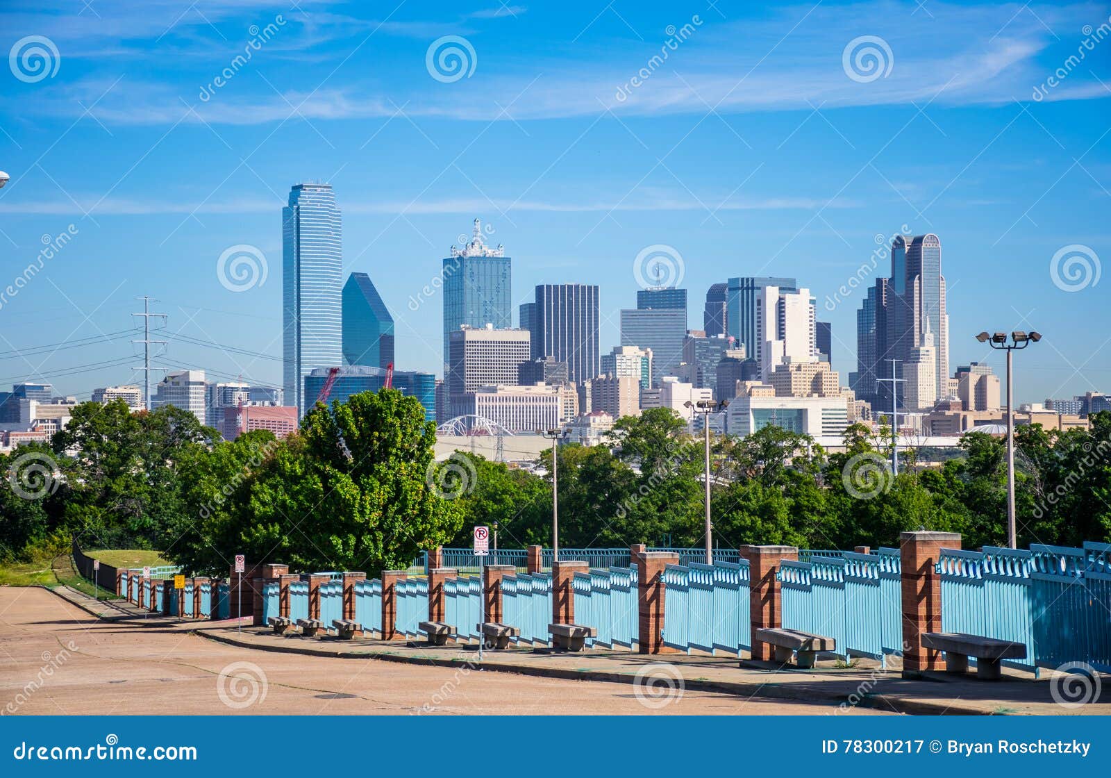 long perspective dallas texas downtown metropolis skyline cityscape with highrises and office buildings on nice sunny day