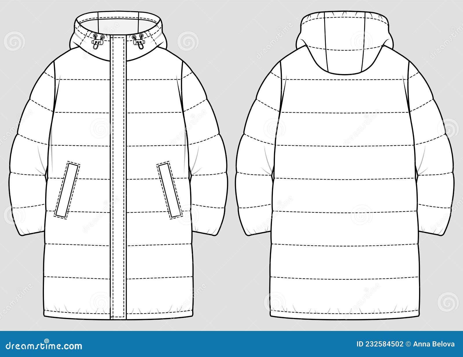 Long Quilted Jacket. Vector Technical Sketch. Mockup Template Stock ...