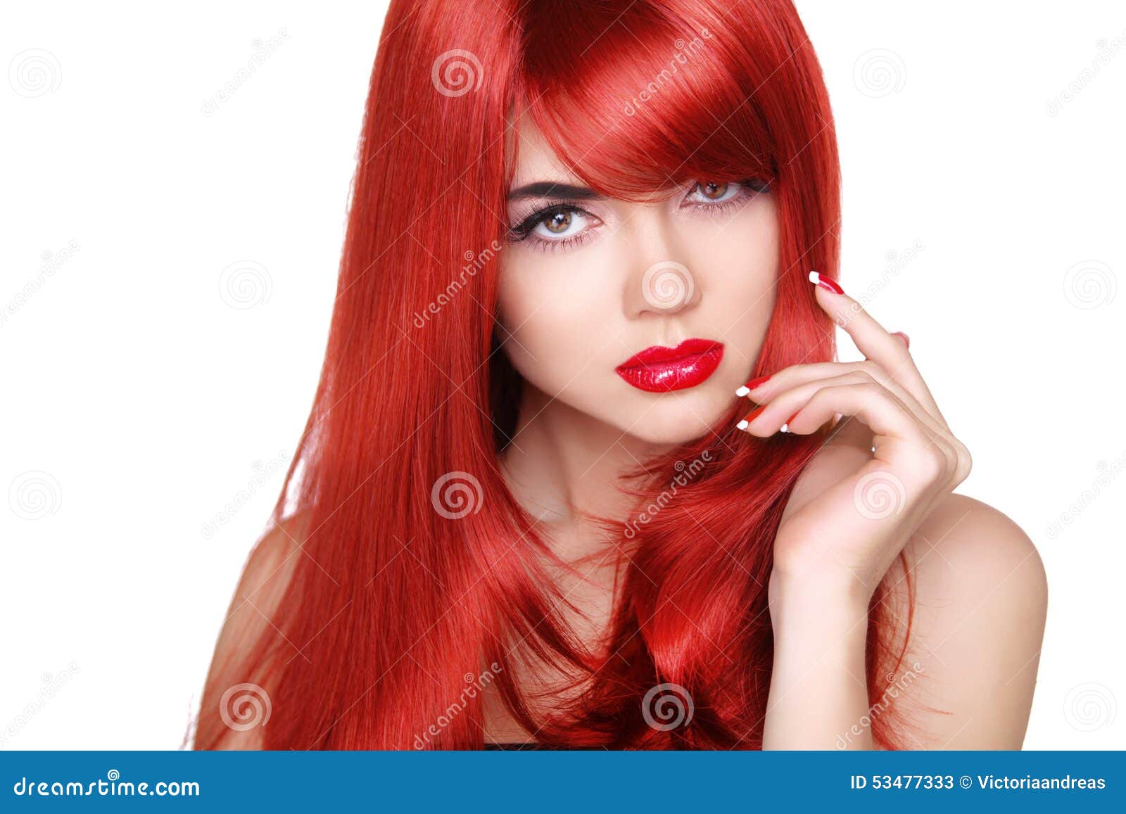 Long Red Hair Fashion Beautiful Girl With Makeup Glossy