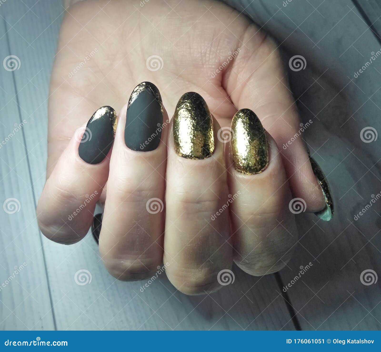 Long Round Nails with Black Matte Gel Polish and Gold Design. Manicure on  Women`s Hands with Gel Coating Stock Image - Image of cuticle, design:  176061051