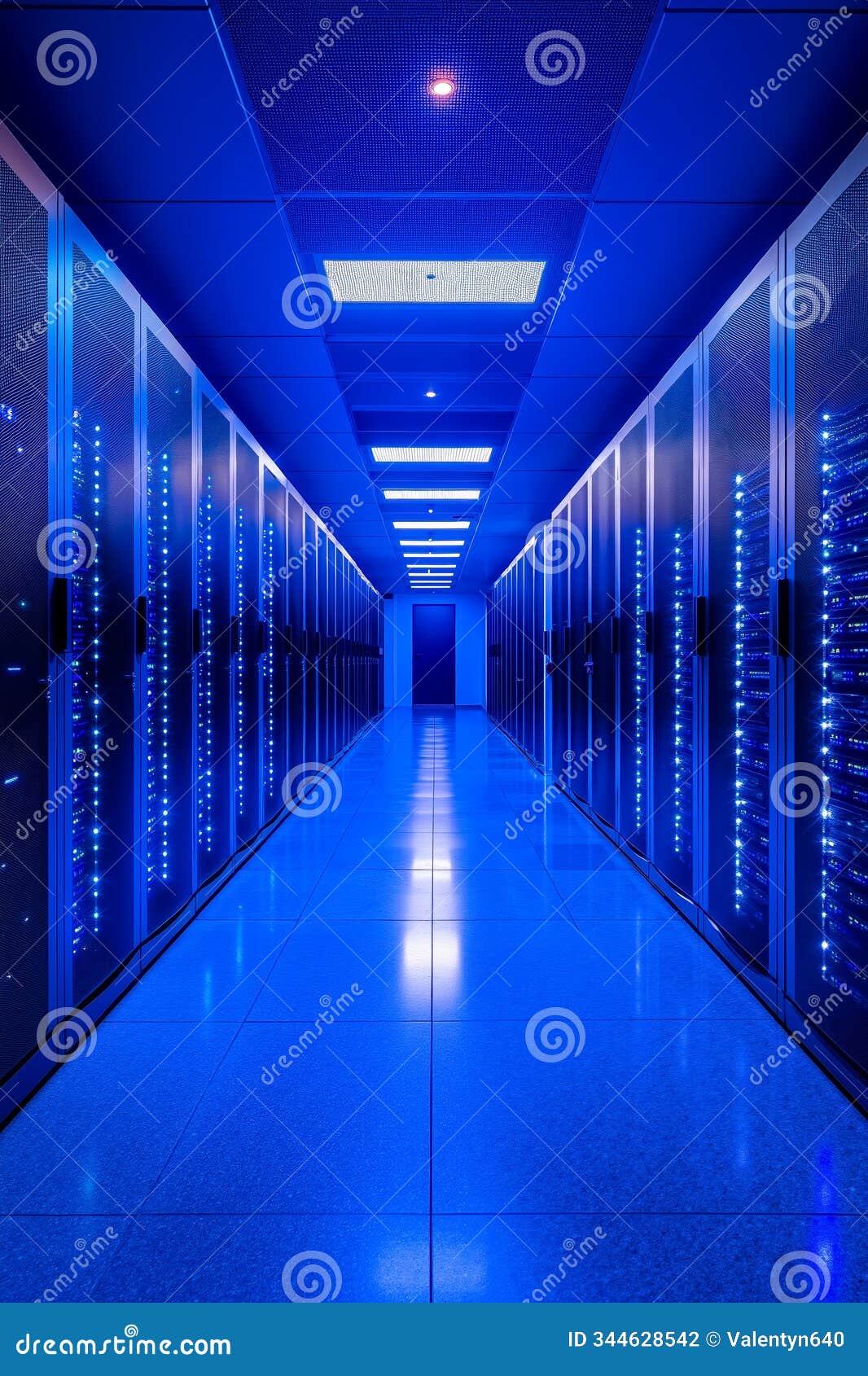 a long row of servers in a server room with blue lights