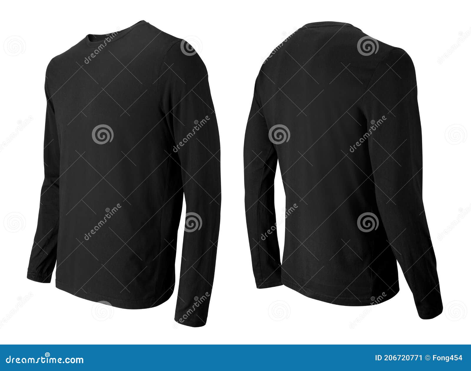 long sleeve black t-shirt front and back side view  on white