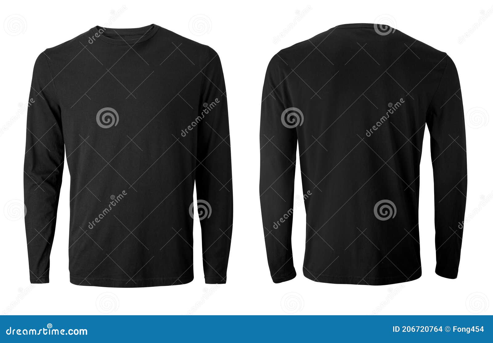 long sleeve black t-shirt with front and back views  on white