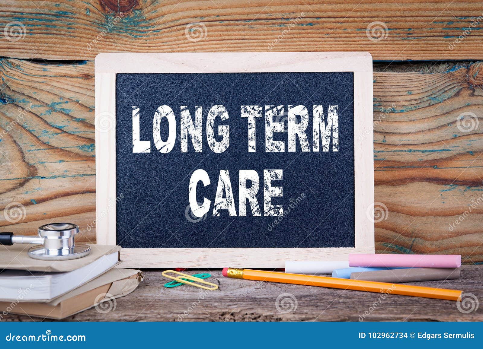 long term care. health and safety. chalk board background
