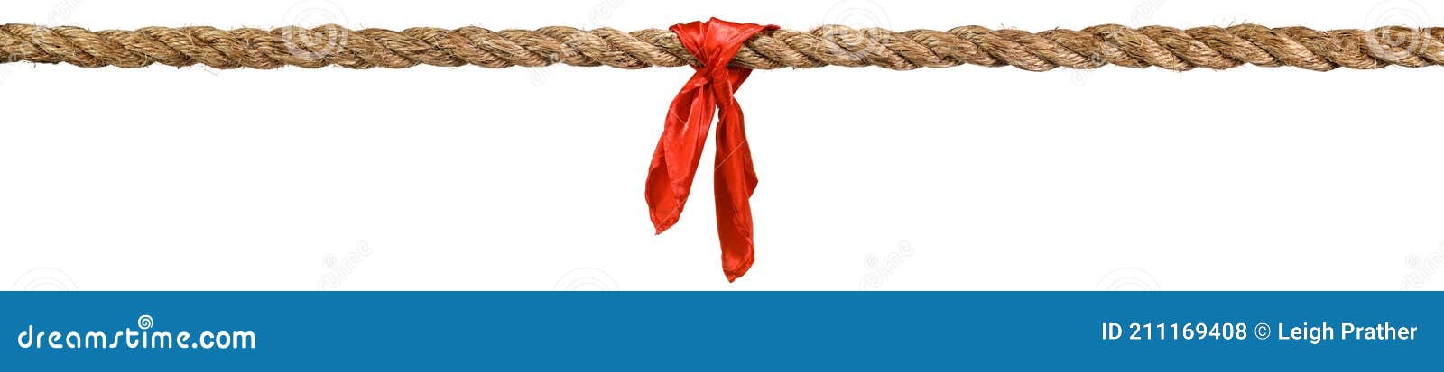 Long Tug of War Rope Pulled Tight, with Red Ribbon Tie. Concept of