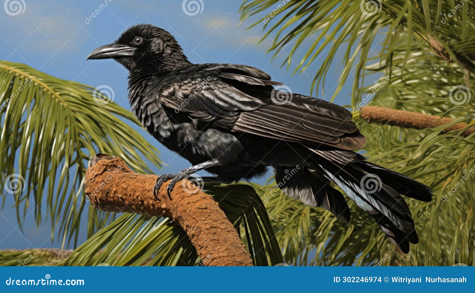 long-wattled umbrellabird perched on a branch in the forest. generative ai