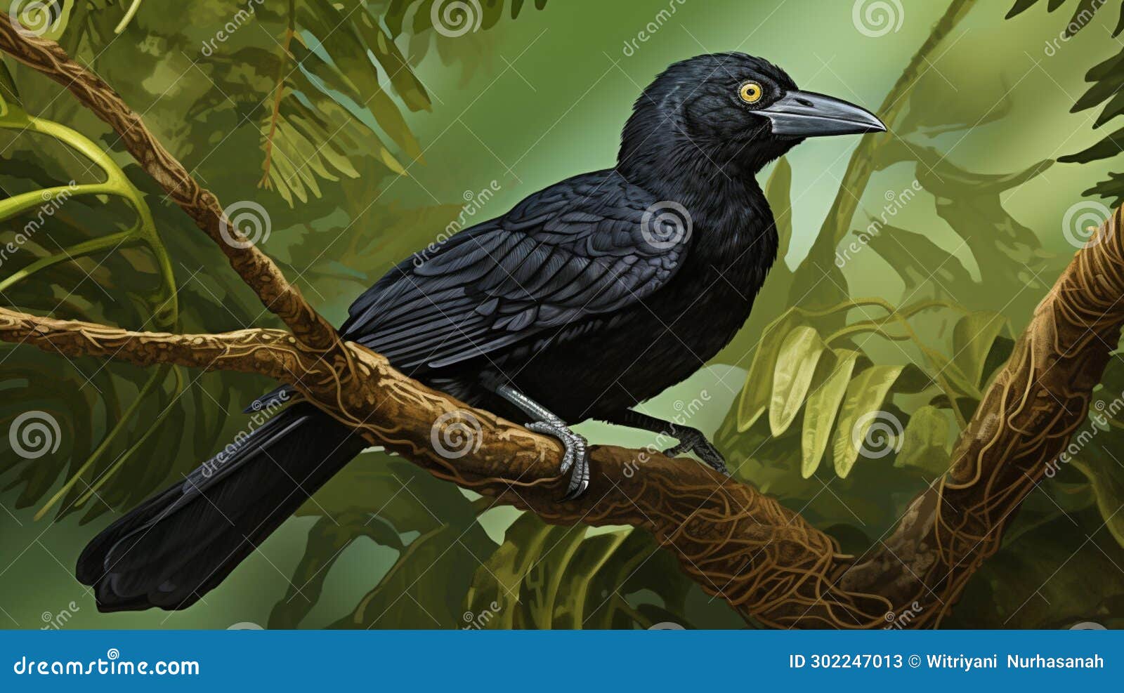 long-wattled umbrellabird perched on a branch in the forest. generative ai