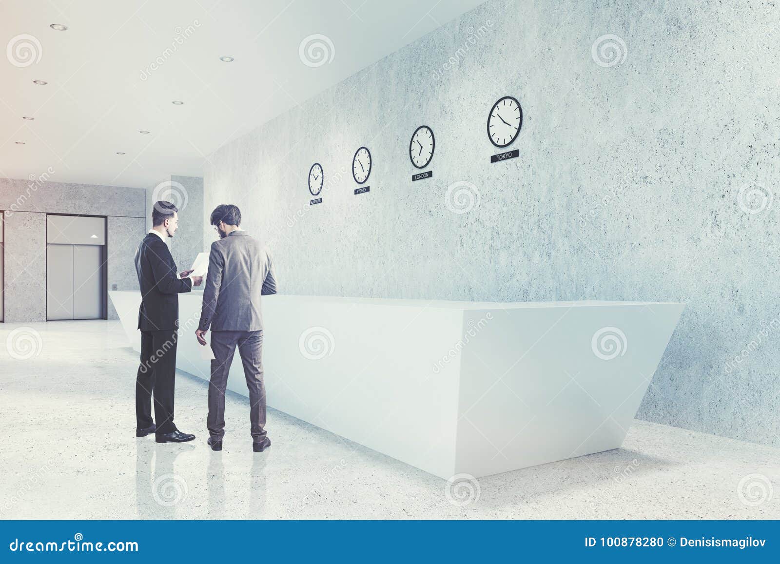 Long Reception Desk Clocks Side Men Stock Photo Image Of