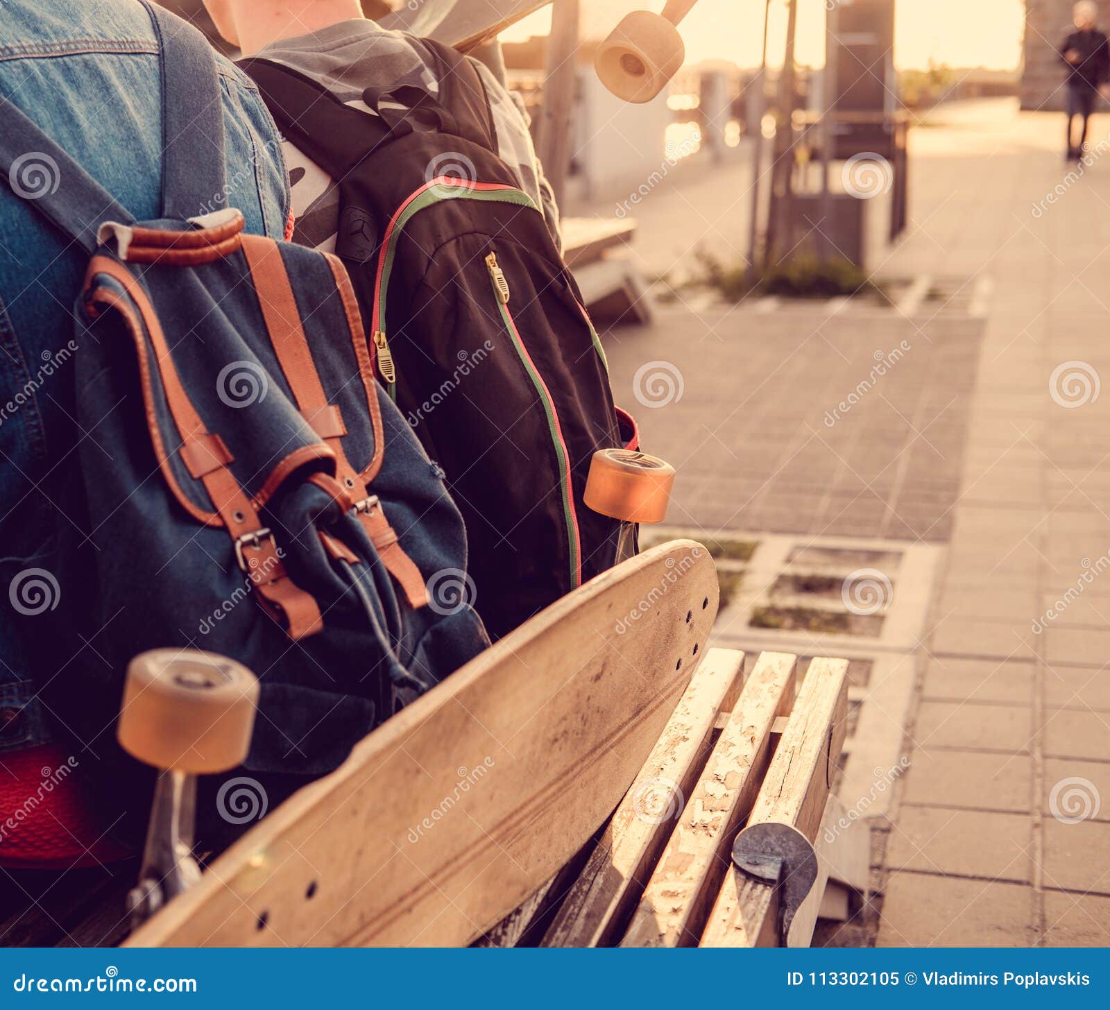 Longboard and Backpack on a Bench. Stock Image - Image of longboarding ...