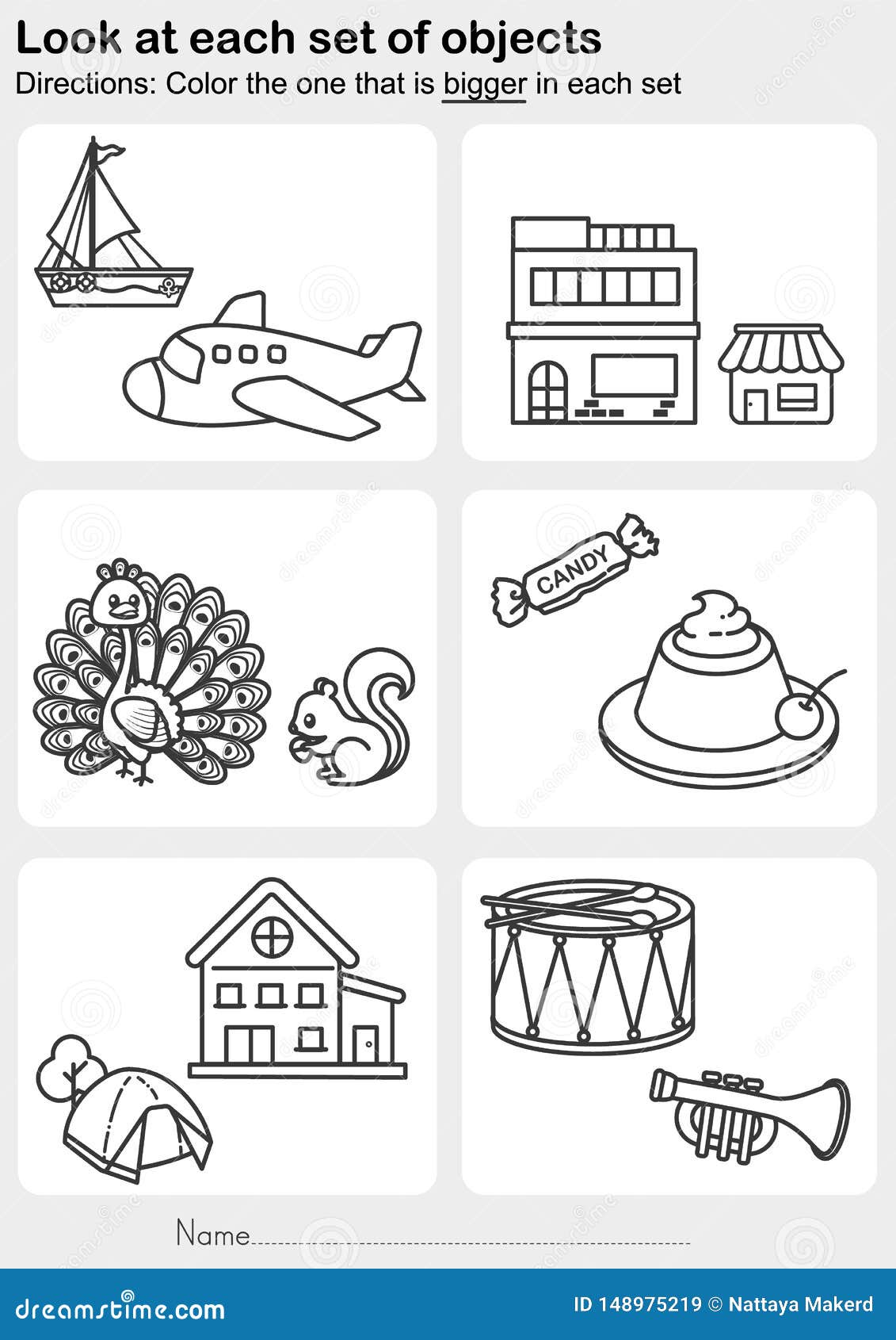 look at each set of objects - color the one that is bigger in each set