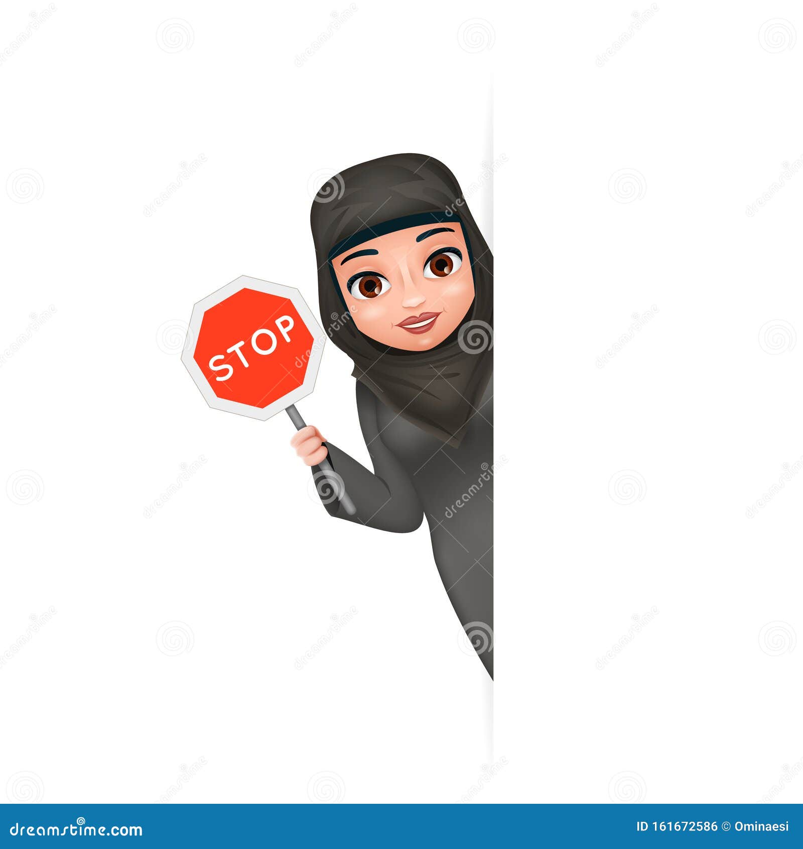 look out corner protest fight for equal rights stop sign arabe tradicional female clothing hijab abaya 3d cute cartoon