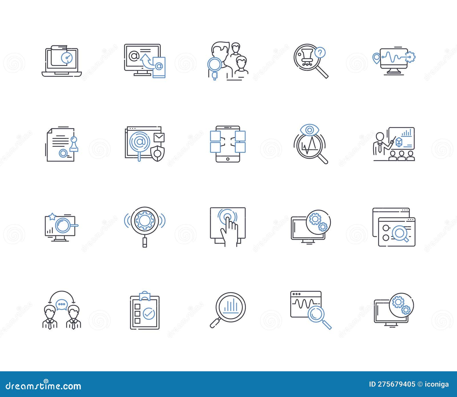 look up line icons collection. research, investigate, explore, scan, scrutinize, analyze, examine  and linear