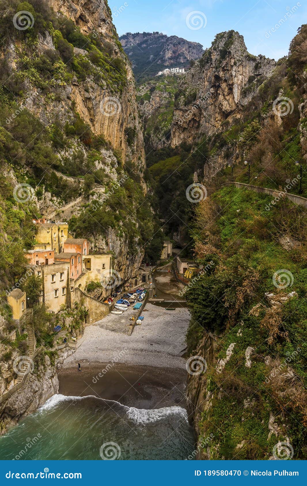 looking down on the fjord and ravine at fiordo di furore on the amalfi coast, italy