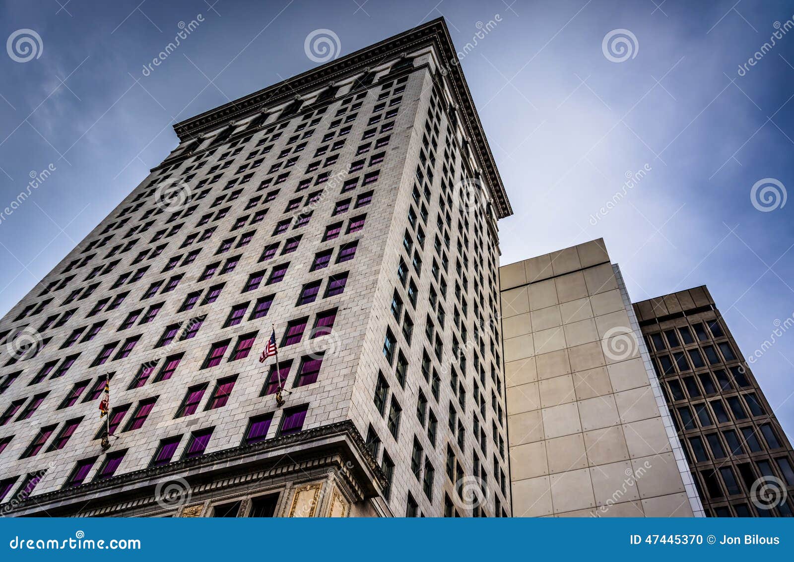 looking up at highrises in downtown baltimore, maryland.