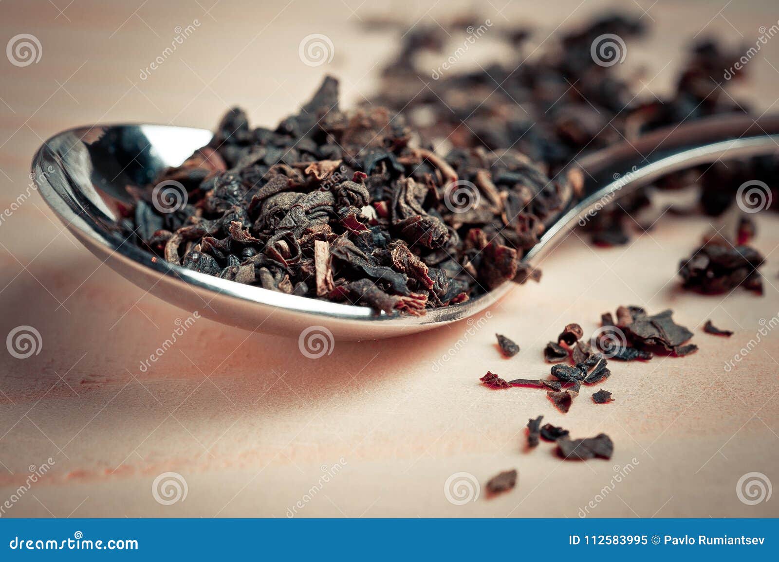 Loose Tea in a Metal Spoon on a Wooden Surface Stock Image Image of
