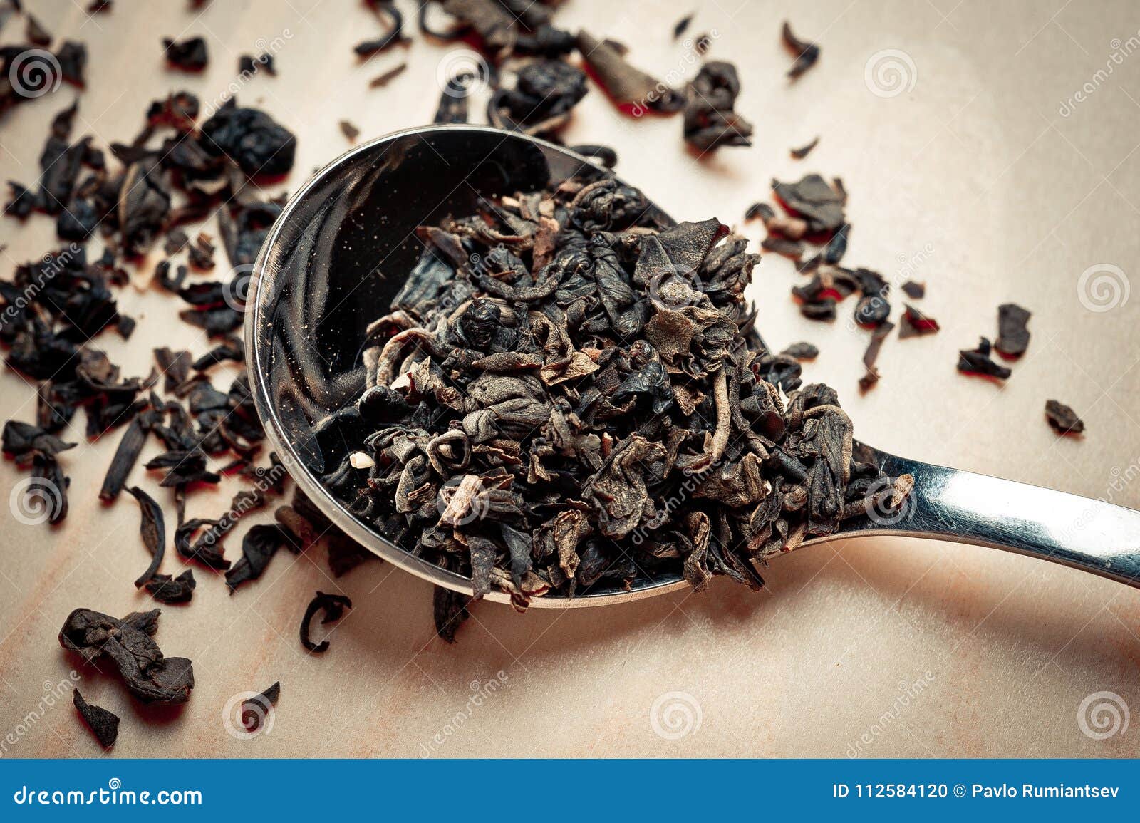 Loose Tea in a Metal Spoon on a Wooden Surface Stock Photo Image of