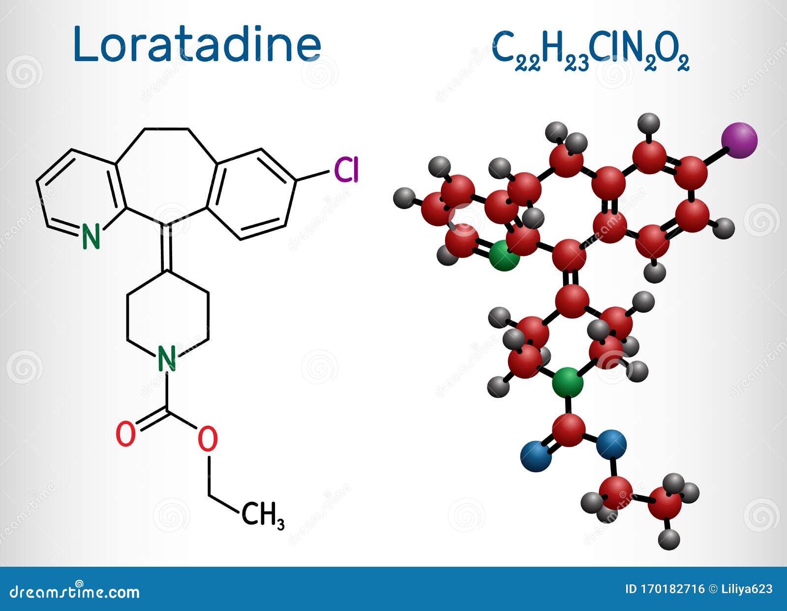 loratadine c22h23cln2o2 molecule. it is antihistamine, is used to treat allergies. structural chemical formula and molecule model