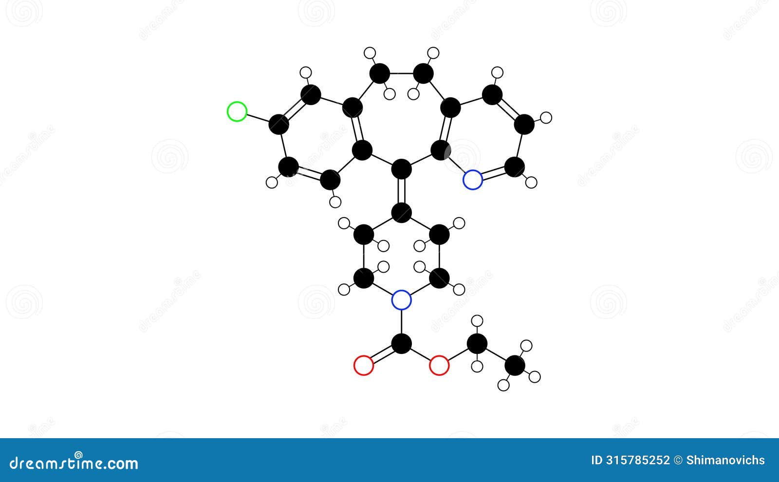 loratadine molecule, structural chemical formula, ball-and-stick model,  image antihistamines