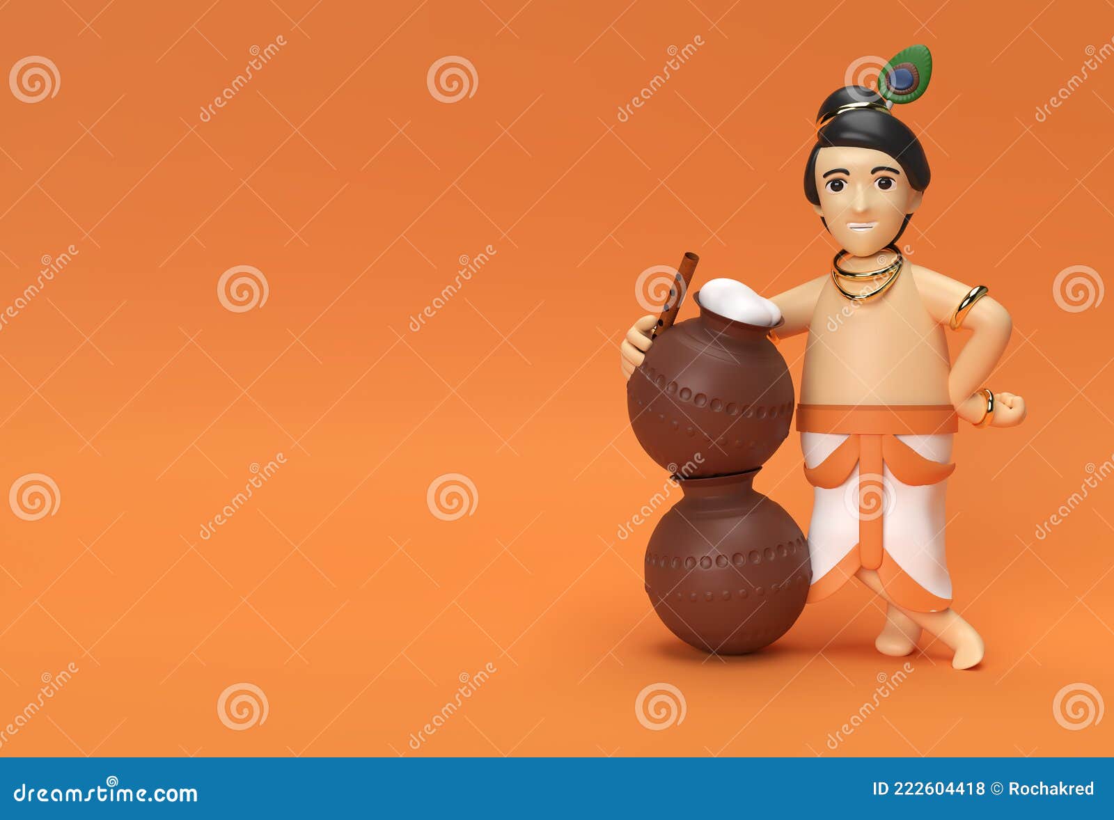lord krishna playing bansuri flute with a pot of butter. 3d render 