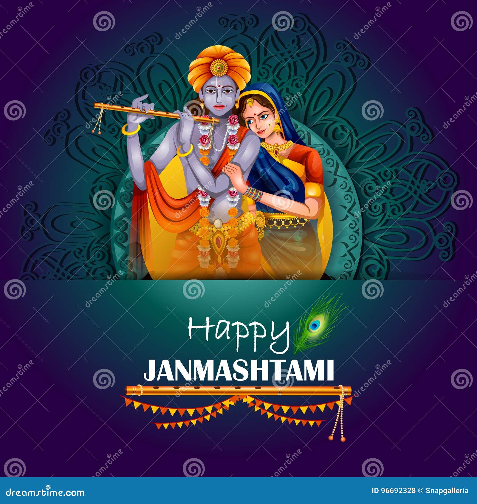 Lord Krishna and Radha on Happy Janmashtami Background Stock ...