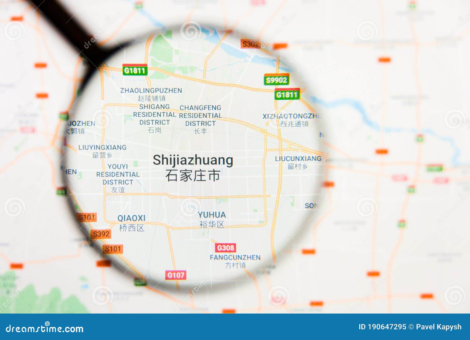 shijiazhuang, china city visualization illustrative concept on display screen through magnifying glass