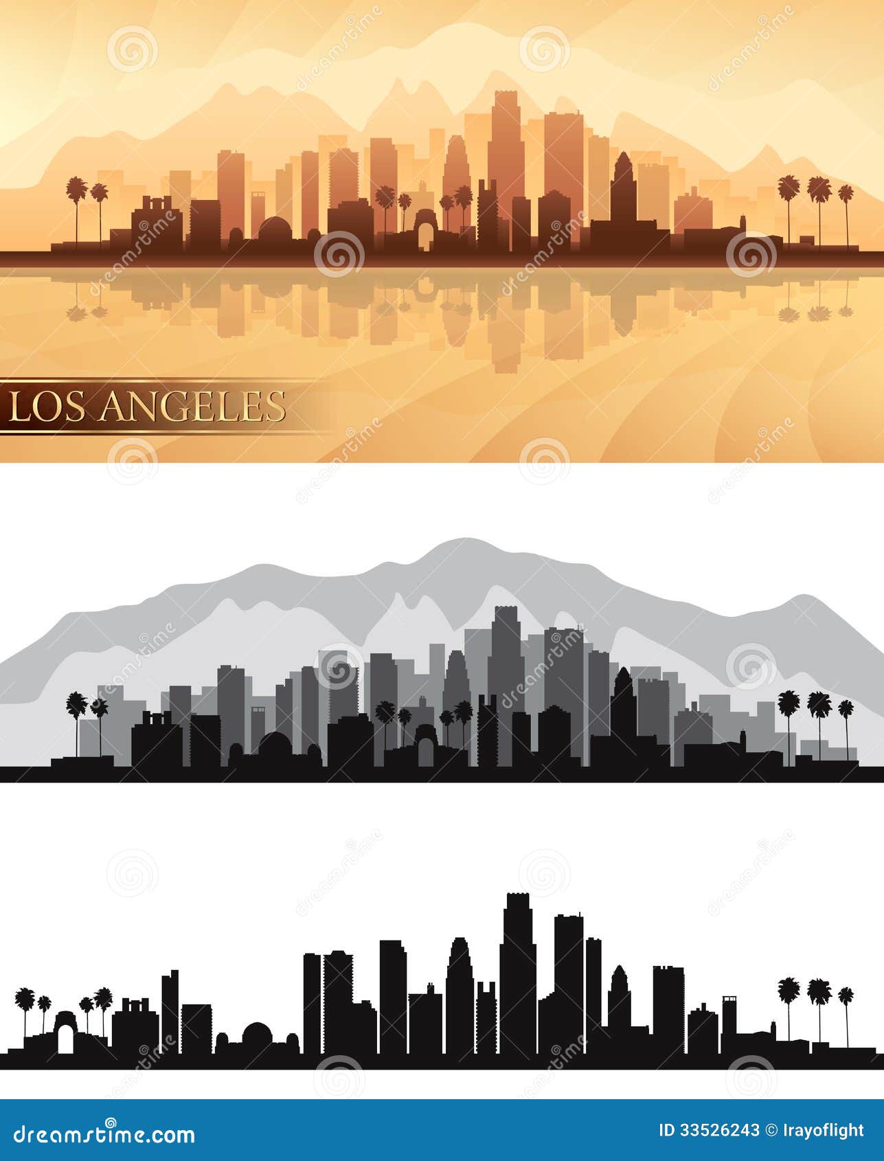 los angeles city skyline detailed silhouettes set