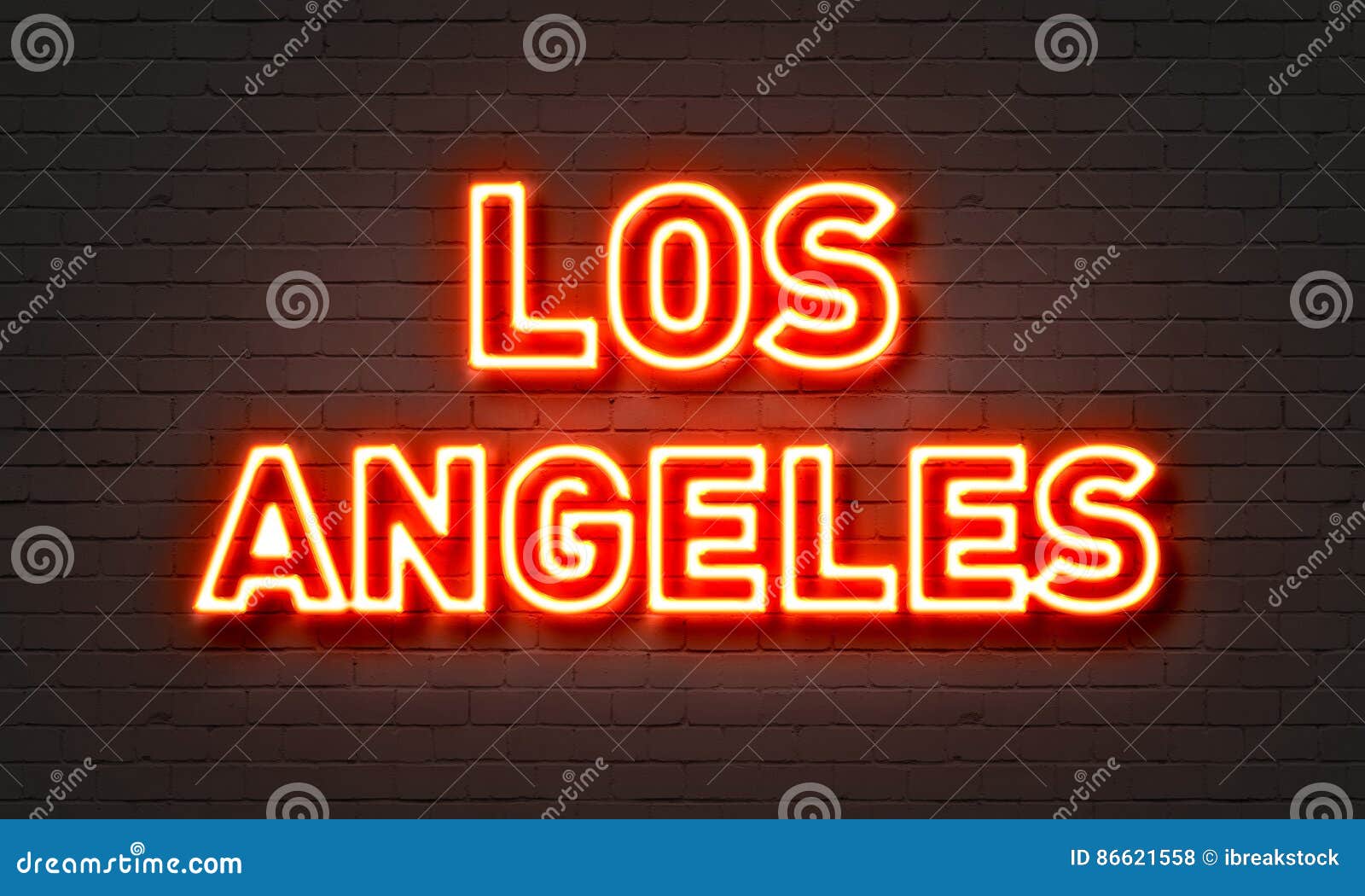 Los Angeles Neon Sign on Brick Wall Background. Stock Photo Image of