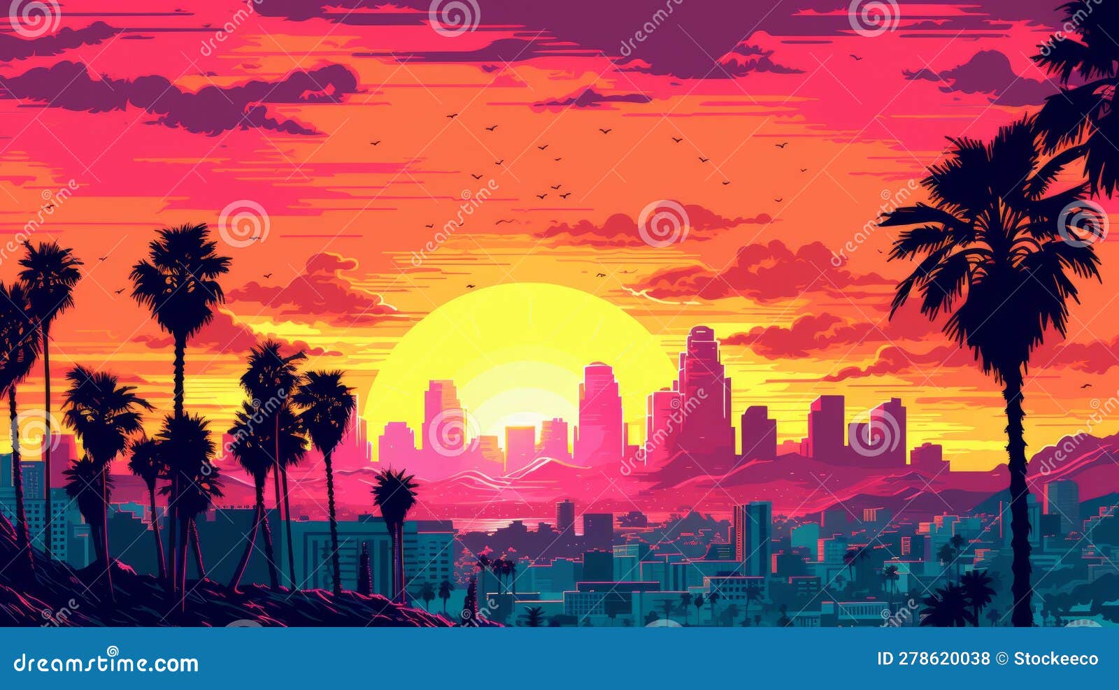 Los Angeles Sunset in 1830s: a Pixel Art Close-up Stock Illustration ...