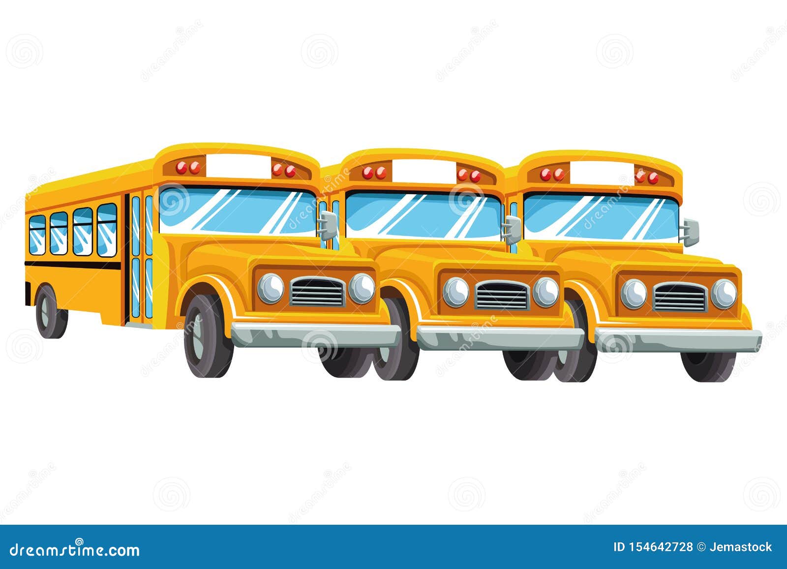 Los Autobuses Escolares Parquearon La Historieta Aislada Frontview