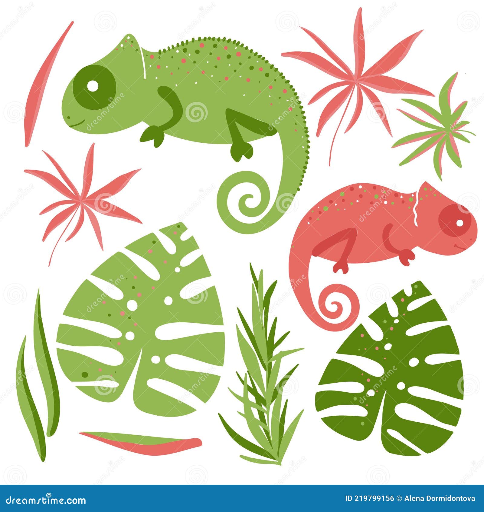 Los Camaleones Son De Color Verde Y Rosa Y Hojas Tropicales. Set De  Pegatinas De Dibujos Animados Para Niños Con Camaleones Y Hoja Ilustración  del Vector - Ilustración de hierba, muchacho: 219799156