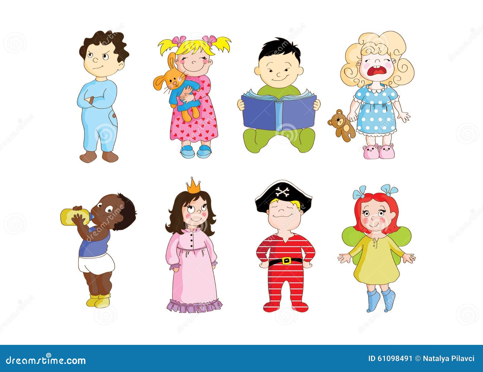 Los niños lindos están consiguiendo listos para dormir. Éste es un sistema de imágenes de la historieta del clip art con diversos niños que llevan los pijamas y que se preparan para dormir