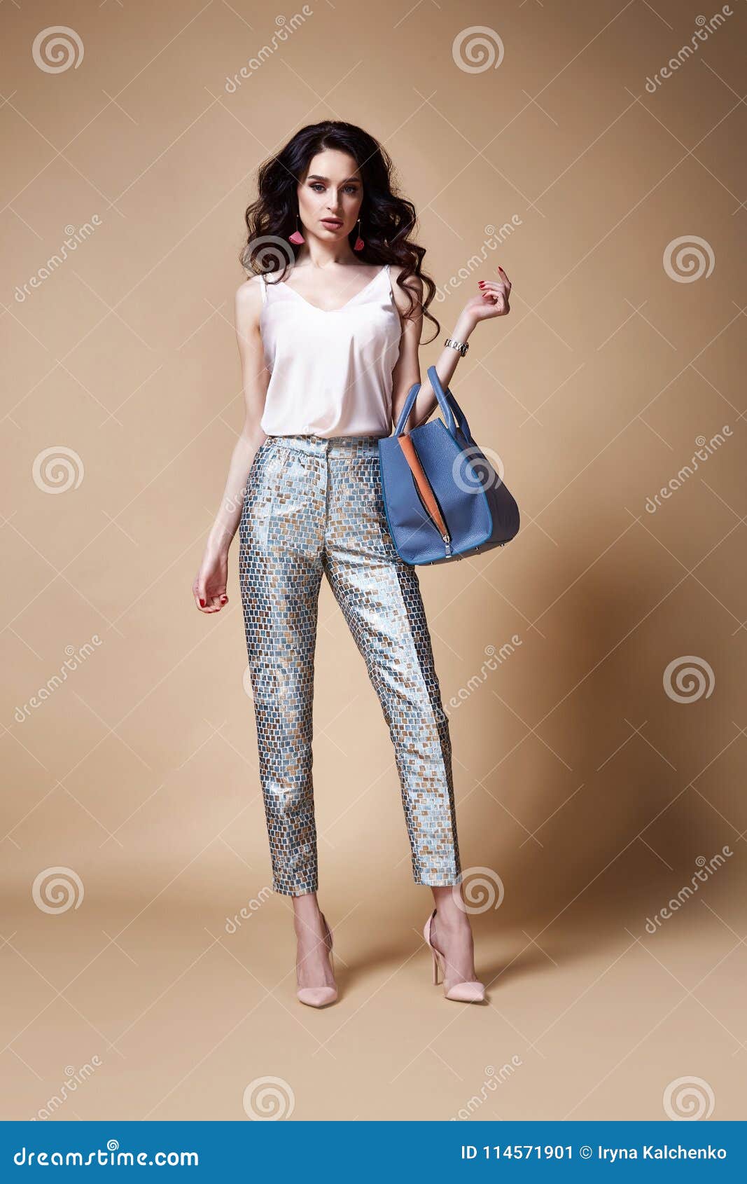 Los Pantalones De Seda De La Blusa La Mujer De La Moda Del Encanto Modelo Del Pelo Del Desgaste Moreno Hermoso Atractivo D Imagen de archivo - Imagen de manera,