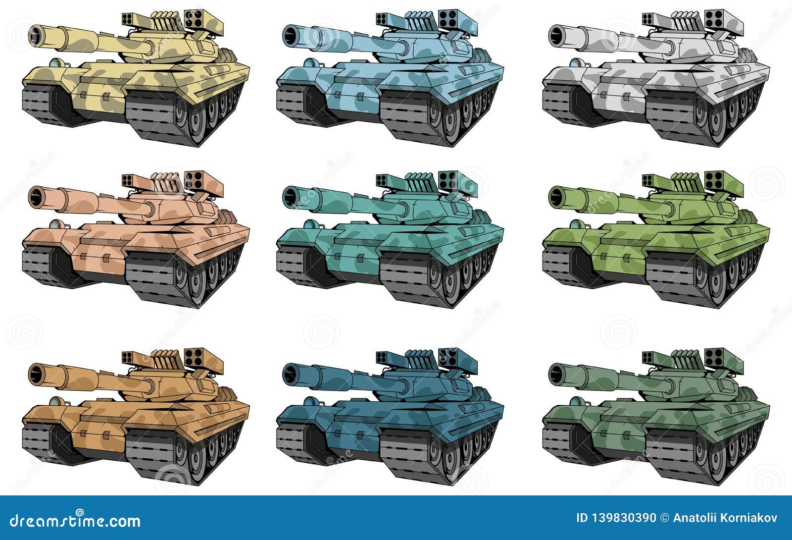 Los Tanques De Batalla Fijaron, Diversos Tipos Del Tanque Del Camuflaje,  Dibujo Coloreado Del Tanque De Batalla Ilustración del Vector - Ilustración  de frente, camuflaje: 139830390