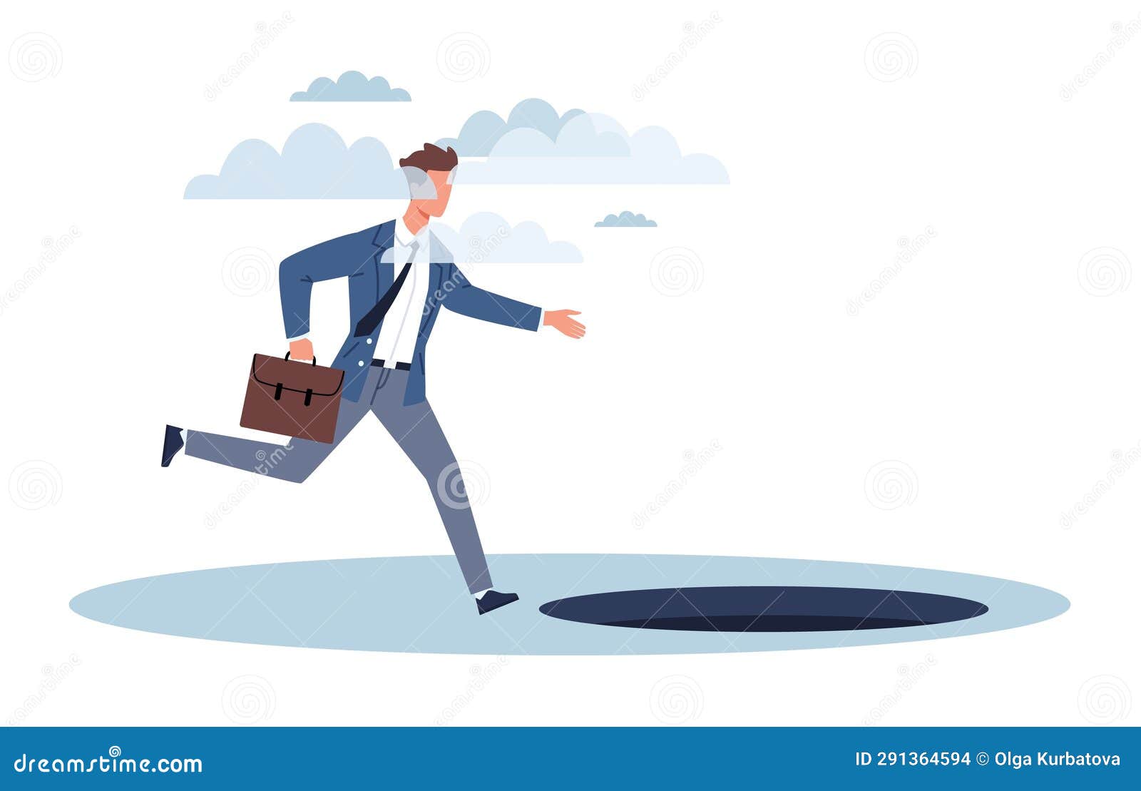 lost businessman with fog in his head runs forward without noticing hole. danger or business accident, loss or pitfall
