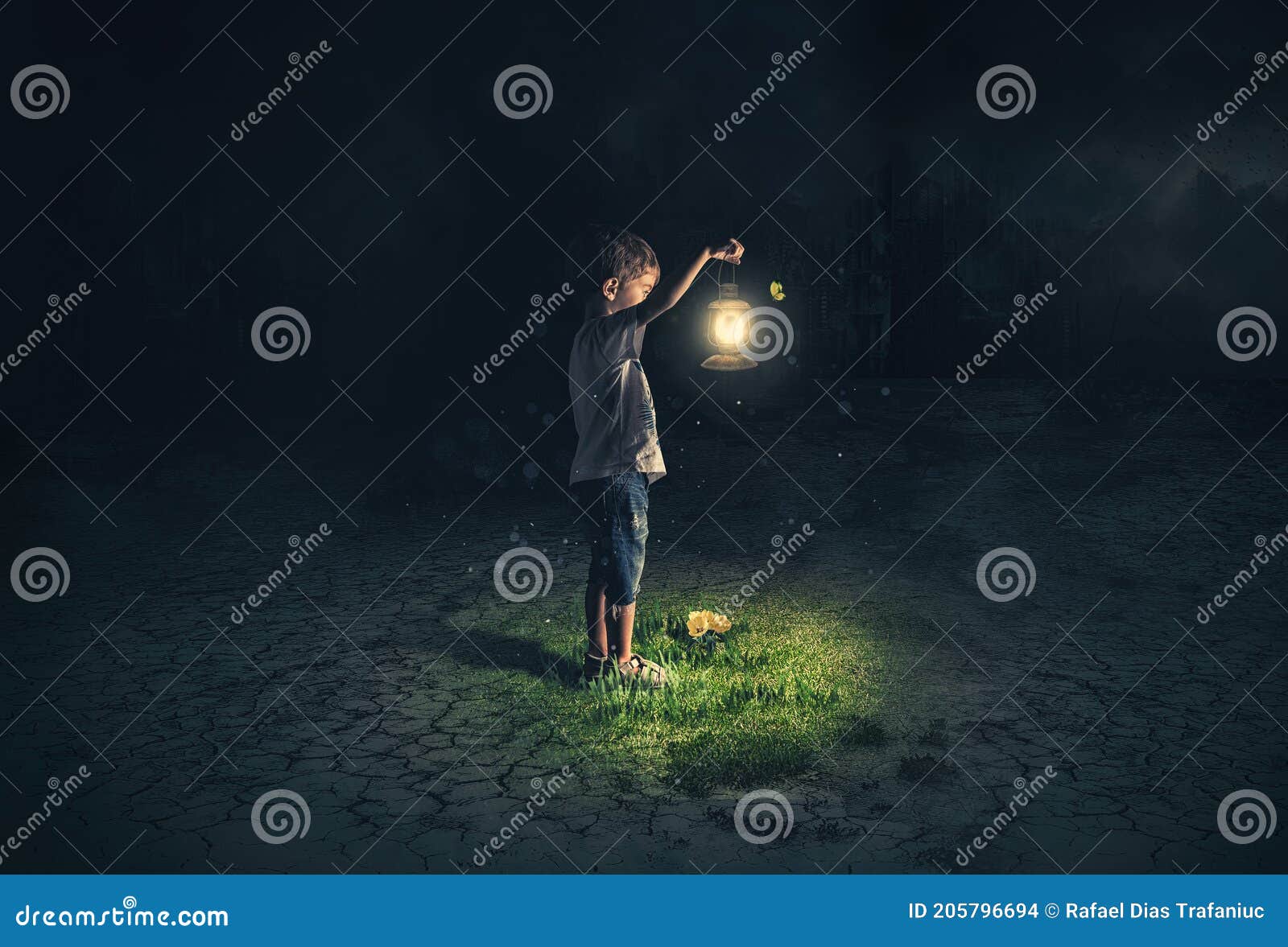 lost child holding an old lamp in an apocalyptic environment