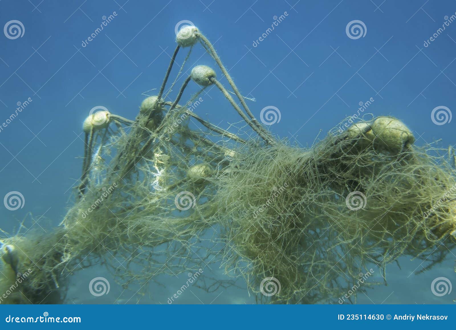 Lost Fishing Net with Buoys Lies Underwater on the Seabed on Blue Water  Background. Becici, Budva Municipality, Montenegro Stock Photo - Image of  ecology, adriatic: 235114630