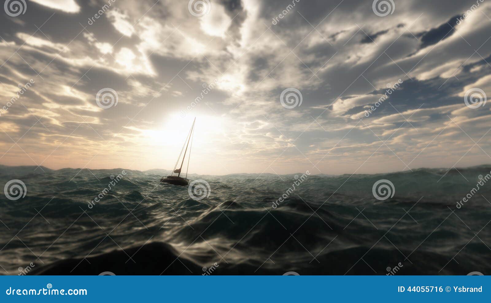 lost sailing boat in wild stormy ocean.