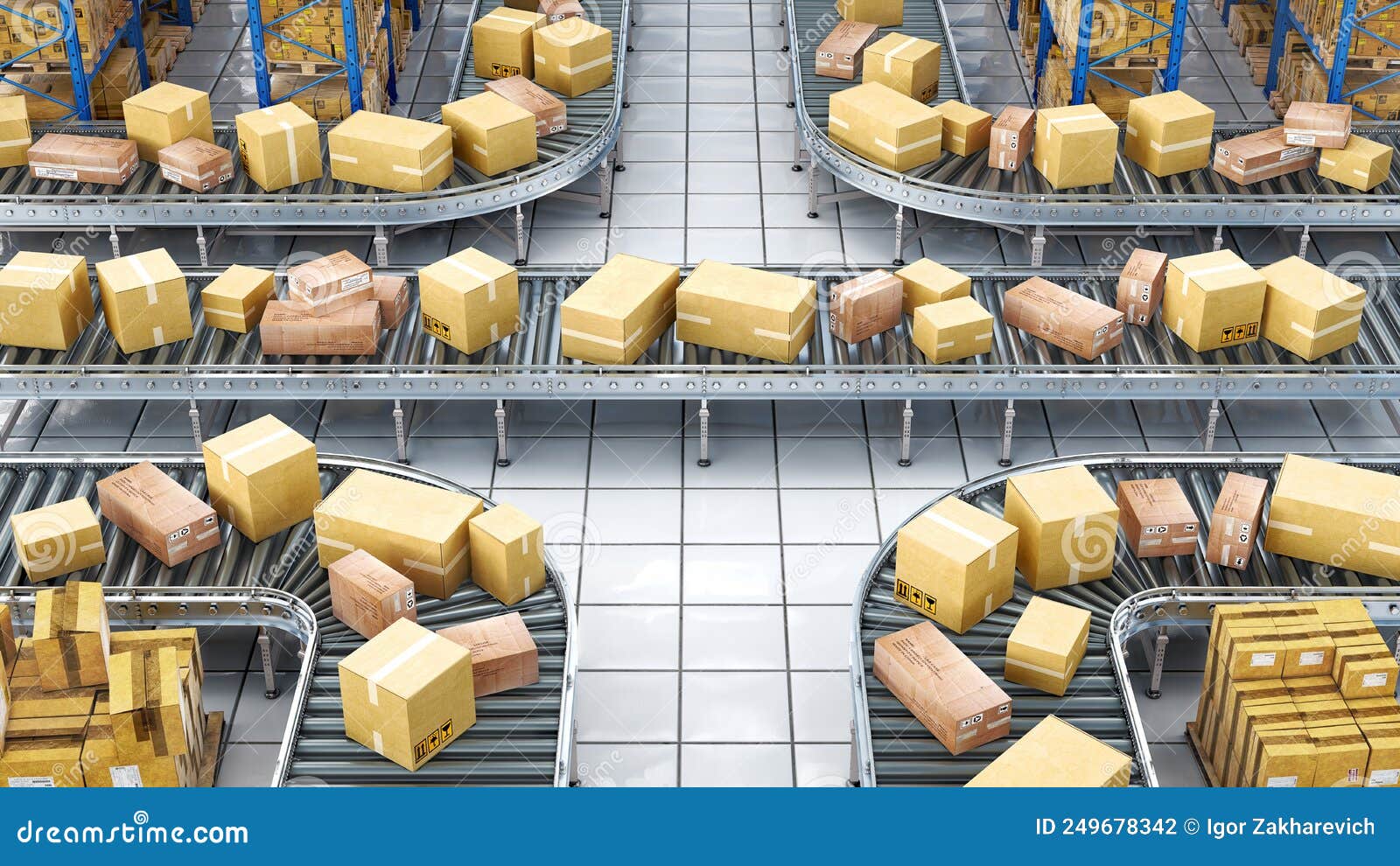 A Lot of Boxes Move Along the Conveyor Belts Inside the Warehouse with