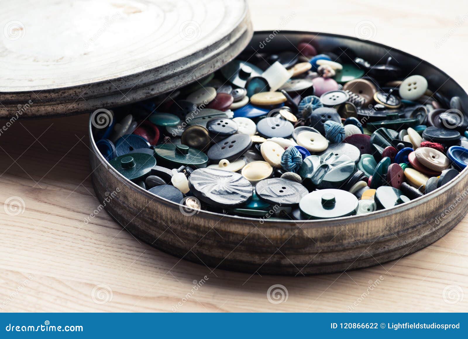 Lot of Buttons in Circle Box Over Stock Photo - Image of metal, wooden ...