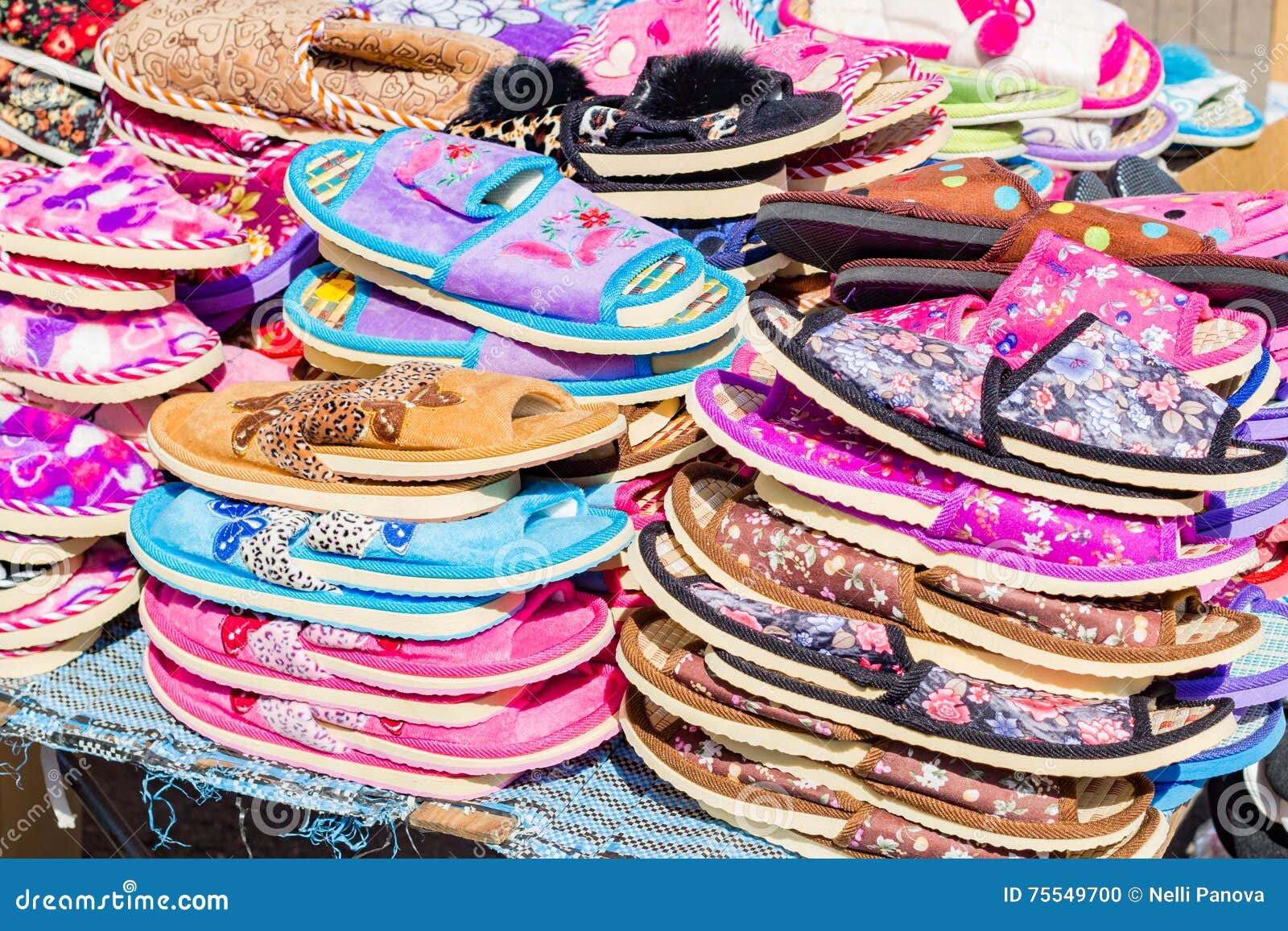 Lot of Color Slippers on the Market Stock Photo - Image of inside ...