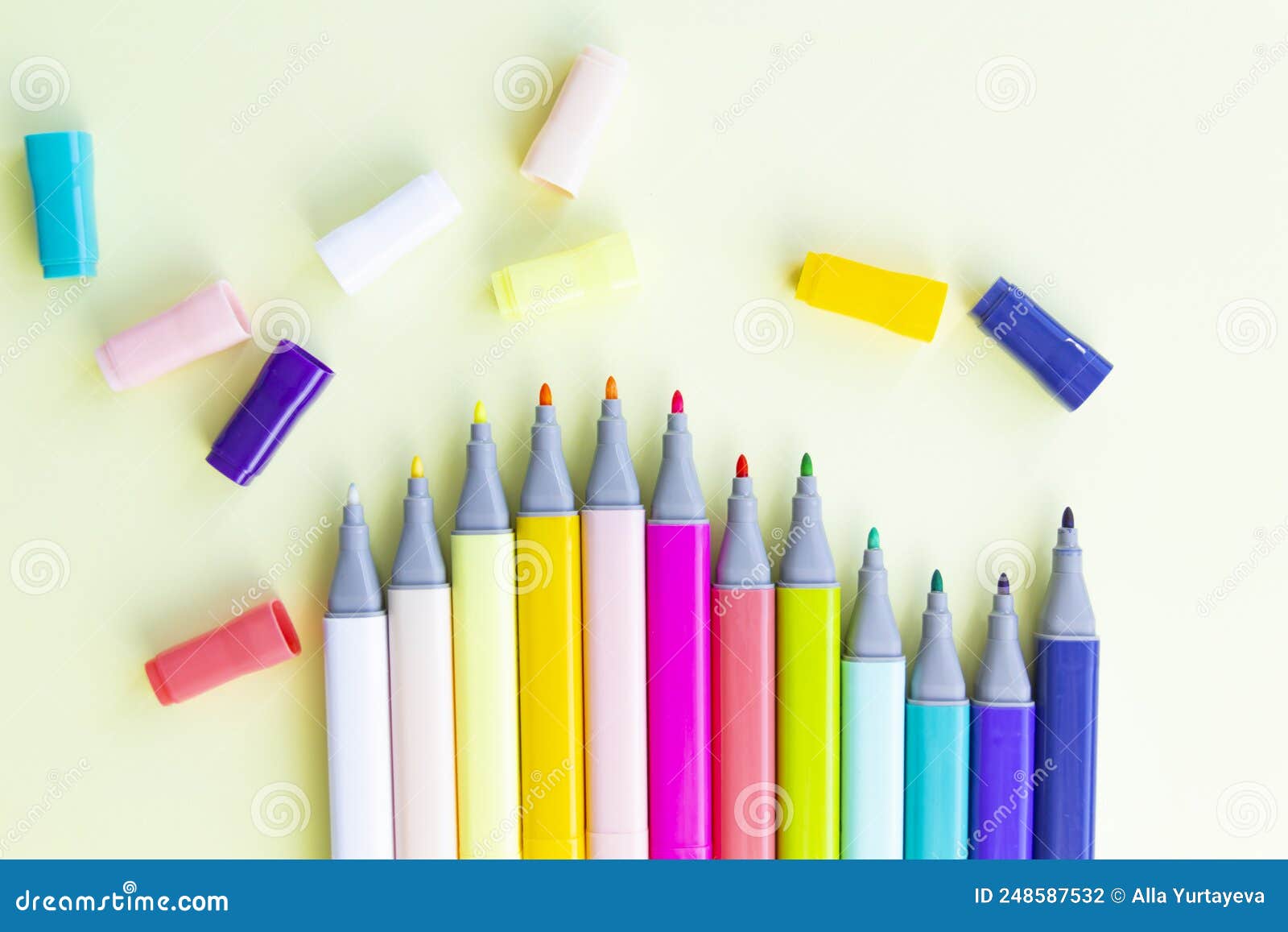 A Lot of Colorful Felt-tip Pens for Drawing in a Notebook and Album on a  Yellow Background Stock Image - Image of palette, education: 252582799