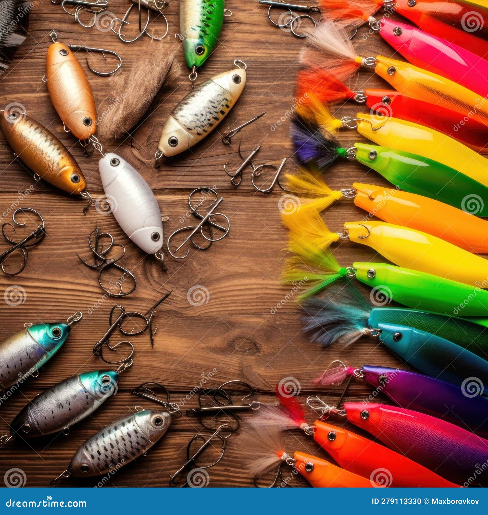 Lot of Multicolored Fishing Lures on a Wooden Background. AI