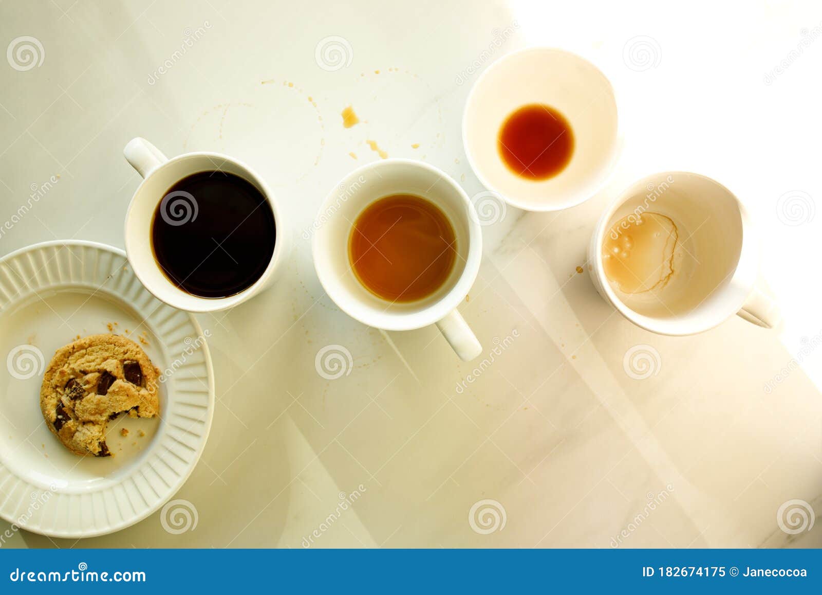 Lot of Cups of Coffees on White Marble Table, Hard Work Concept Stock