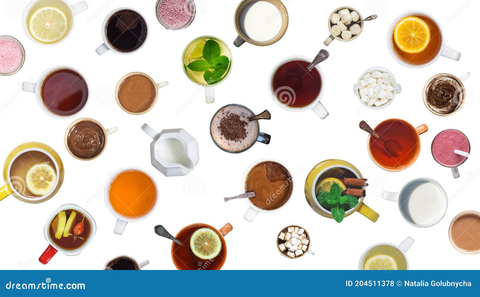 Many Different Cups with Drinks and Desserts Isolated on White Stock