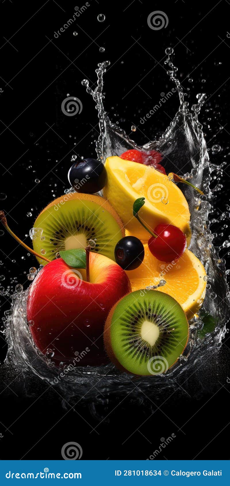 A Lot of Different Fruits are Sliced by Water, Cool Effect, Ai